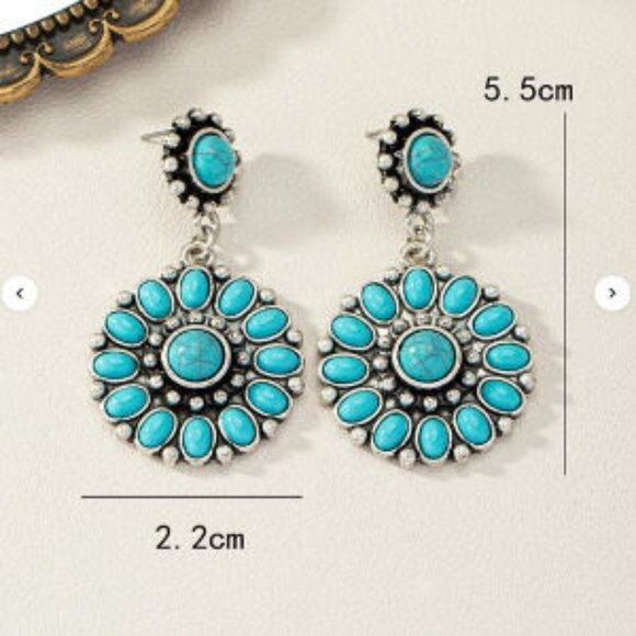 Western Style Blue Acrylic & Antique Drop Earrings - Picture 3 of 3